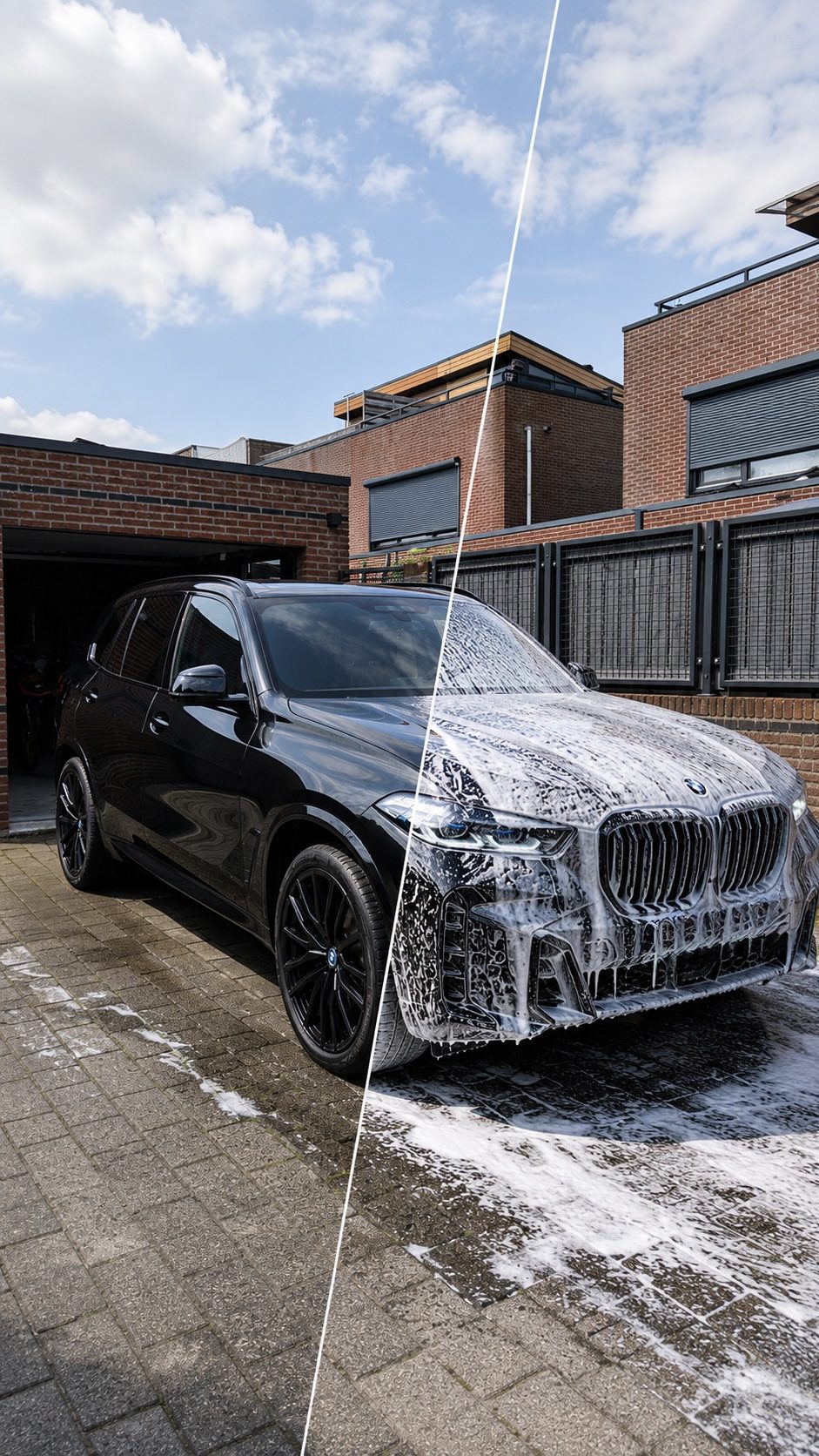 Voor en na van een zwarte BMW X5, links voor de behandeling en rechts onder de snowfoam, auto poetsen in Purmerend