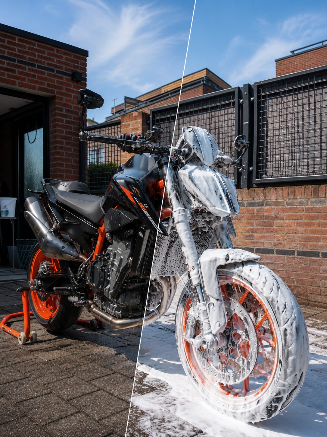 Voor en na van een KTM 890 Duke R, links voor de behandeling en rechts onder de snowfoam, motor poetsen in Purmerend